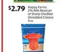 Aldi Happy Farms 2% Milk Mexican or Sharp Cheddar Shredded Cheese offer