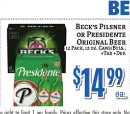 Trade Fair Supermarket Beck's Pilsner OR Presidente Original Beer offer