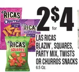 Extra Supermarket LAS RICAS BLAZIN', SQUARES, PARTY MIX, TWISTS OR CHURROS SNACKS offer