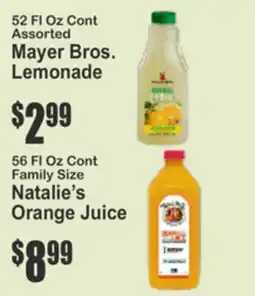 SuperFresh 52 Fl Oz Cont Assorted Mayer Bros. Lemonade Family Size Natalie's Orange Juice offer