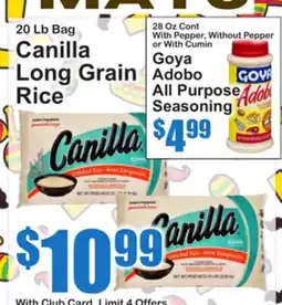 SuperFresh 20 Lb Bag Canilla Long Grain Rice, Goya Adobo All Purpose Seasoning offer