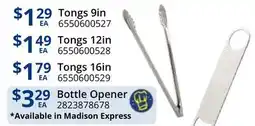 Restaurant Depot Tongs 9in, Tongs 12in, Tongs 16in, Bottle Opener offer