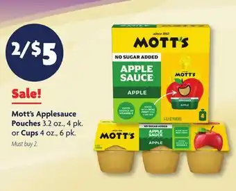 Family Dollar Mott's Applesauce Pouches 3.2 oz., 4 pk. or Cups 4 oz., 6 pk offer