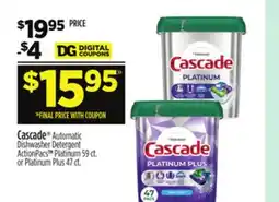 Dollar General Cascade Automatic Dishwasher Detergent ActionPacs Platinum 59 ct. or Platinum Plus 47 ct offer