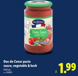 Lidl Duc de Coeur pasta sauce, vegetable & herb offer