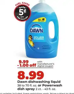 Hy-Vee Dawn dishwashing liquid 38 to 70 fl. oz. or Powerwash dish spray 2 ct.-43 fl. oz offer