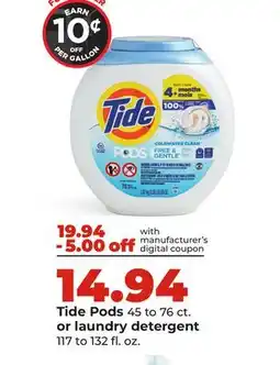 Hy-Vee Tide Pods 45 to 76 ct. or laundry detergent 117 to 132 fl. oz offer
