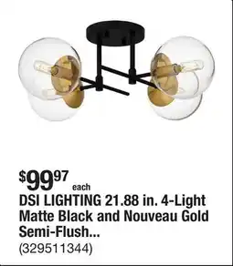 The Home Depot DSI LIGHTING 21.88 in. 4-Light Matte Black and Nouveau Gold Semi-Flush Mount with Clear Glass Shades offer