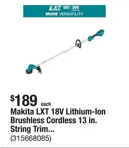 The Home Depot Makita LXT 18V Lithium-Ion Brushless Cordless 13 in. String Trimmer, Tool-Only offer