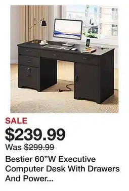 Office Depot Bestier 60W Executive Computer Desk With Drawers And Power Outlets, Black offer