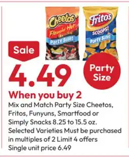 Stater Bros Party Size Cheetos, Fritos, Funyuns, Smartfood or Simply Snacks offer