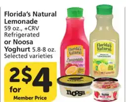 Vons Florida's Natural Lemonade 59 oz., Refrigerated or Noosa Yoghurt 5.8-8 oz offer