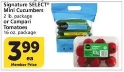 Vons Signature SELECT Mini Cucumbers 2 lb. package or Campari Tomatoes 16 oz. package offer