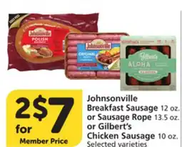 Vons Johnsonville Breakfast Sausage 12 oz. or Sausage Rope 13.5 oz. or Gilbert's Chicken Sausage 10 oz offer