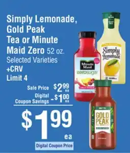 Smart & Final Simply Lemonade, Gold Peak Tea or Minute Maid Zero offer