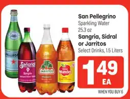 Tony’s Fresh Market San Pellegrino Sparkling Water 25.3 oz, Sangria, Sidral or Jarritos Select Drinks, 1.5 Liters offer