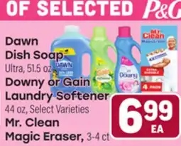 Tony’s Fresh Market Dawn Dish Soap Ultra 51.5 oz, Downy or Gain Laundry Softener 44 oz, Mr. Clean Magic Eraser, 3-4 ct offer