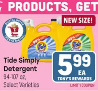 Tony’s Fresh Market Tide Simply Detergent offer