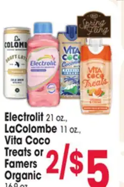 Jewel-Osco Electrolit 21 oz., LaColombe 11 oz., Vita Coco Treats or Famers Organic 16.9 oz offer
