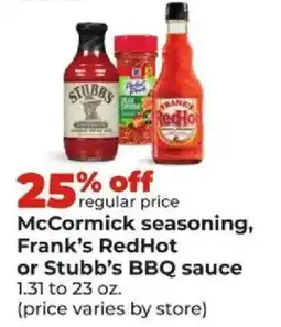Hy-Vee McCormick seasoning, Frank's RedHot or Stubb's BBQ sauce offer