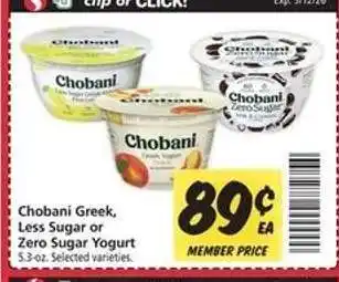 Safeway Chobani Greek, Less Sugar or Zero Sugar Yogurt offer