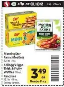 Safeway MorningStar Farms Meatless, Kellogg's Eggo Thick & Fluffy Waffles, Pancakes offer