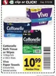 Safeway Cottonelle Bath Tissue or Wipes, Viva Paper Towels offer
