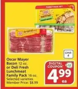 Albertsons Oscar Mayer Bacon or Deli Fresh Lunchmeat Family Pack offer