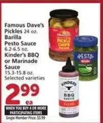 Albertsons Famous Dave’s Pickles, Barilla Pesto Sauce, Kinder’s BBQ or Marinade Sauce offer