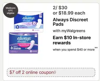 Walgreens Always Discreet Pads offer