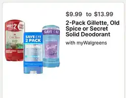 Walgreens 2-Pack Gillette, Old Spice or Secret Solid Deodorant offer