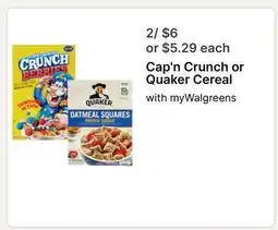 Walgreens Cap'n Crunch or Quaker Cereal offer