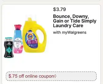 Walgreens Bounce, Downy, Gain or Tide Simply Laundry Care offer
