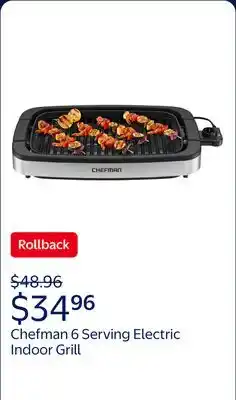 Walmart Chefman 6 Serving Electric Indoor Grill, w/ Temperature Control, Smokeless, Stainless Steel offer