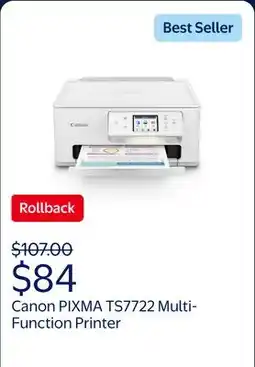 Walmart Canon PIXMA TS7722 Multi-Function, Wireless Color Inkjet Printer, Scanner, Copier for Home Office offer