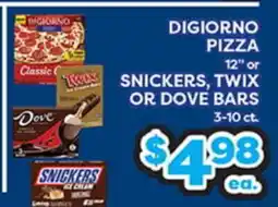 Torres Supermercado DIGIORNO PIZZA, 12 OR SNICKERS, TWIX OR DOVE BARS offer