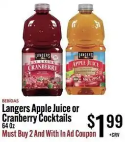 Jons International Langers Apple Juice or Cranberry Cocktails offer