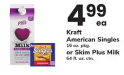 ACME Kraft American Singles 16 oz. pkg. or Skim Plus Milk 64 fl. oz. ctn offer