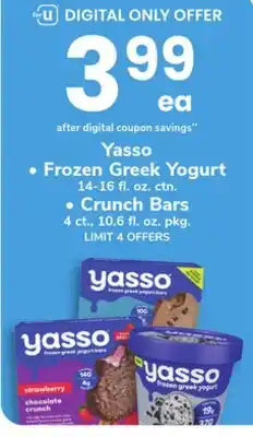 ACME Yasso Frozen Greek Yogurt 14-16 fl. oz. ctn. Crunch Bars 4 ct., 10.6 fl. oz. pkg offer
