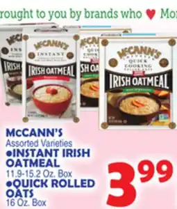 Bravo Supermarkets MCCANN'S, INSTANT IRISH OATMEAL, QUICK ROLLED OATS 16 Oz. Box offer