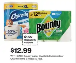 CVS Bounty paper towels 6 double rolls or Charmin Ultra 6 mega XL rolls offer