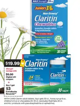 CVS Claritin adult tablets, liqui-gels 30 ct., honey syrup 8 oz, children's 8 oz or chewables 20-30 ct offer