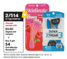 CVS ANY Schick/Skintimate 4 ct., 12 ct. or Schick Xtreme 3 ct. disposable razors offer