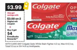 CVS ANY Colgate Optic White Stain Fighter 4.2 oz, Max 6-6.3 oz, Total 3.3 oz or 2in1 4.6 oz toothpaste offer