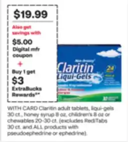 CVS Claritin adult tablets, liqui-gels 30 ct., honey syrup 8 oz, children's 8 oz or chewables 20-30 ct offer