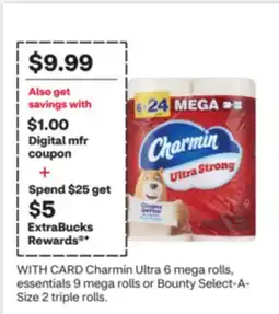 CVS Charmin Ultra 6 mega rolls, essentials 9 mega rolls or Bounty Select-A-Size 2 triple rolls offer
