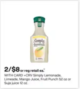 CVS Simply Lemonade, Limeade, Mango Juice, Fruit Punch 52 oz or Suja juice 12 oz offer