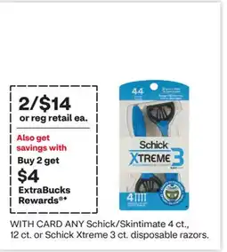 CVS ANY Schick/Skintimate 4 ct., 12 ct. or Schick Xtreme 3 ct. disposable razors offer