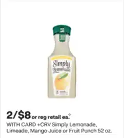 CVS Simply Lemonade, Limeade, Mango Juice or Fruit Punch 52 oz offer