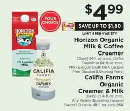 ShopRite Horizon Organic Milk & Coffee Creamer / Califia Farms Organic Creamer & Milk offer
